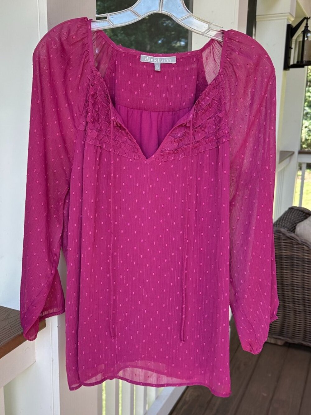 Daniel Rainn Raspberry Pink Split V Neckline Tie Front Swiss Dot Blouse Top XL